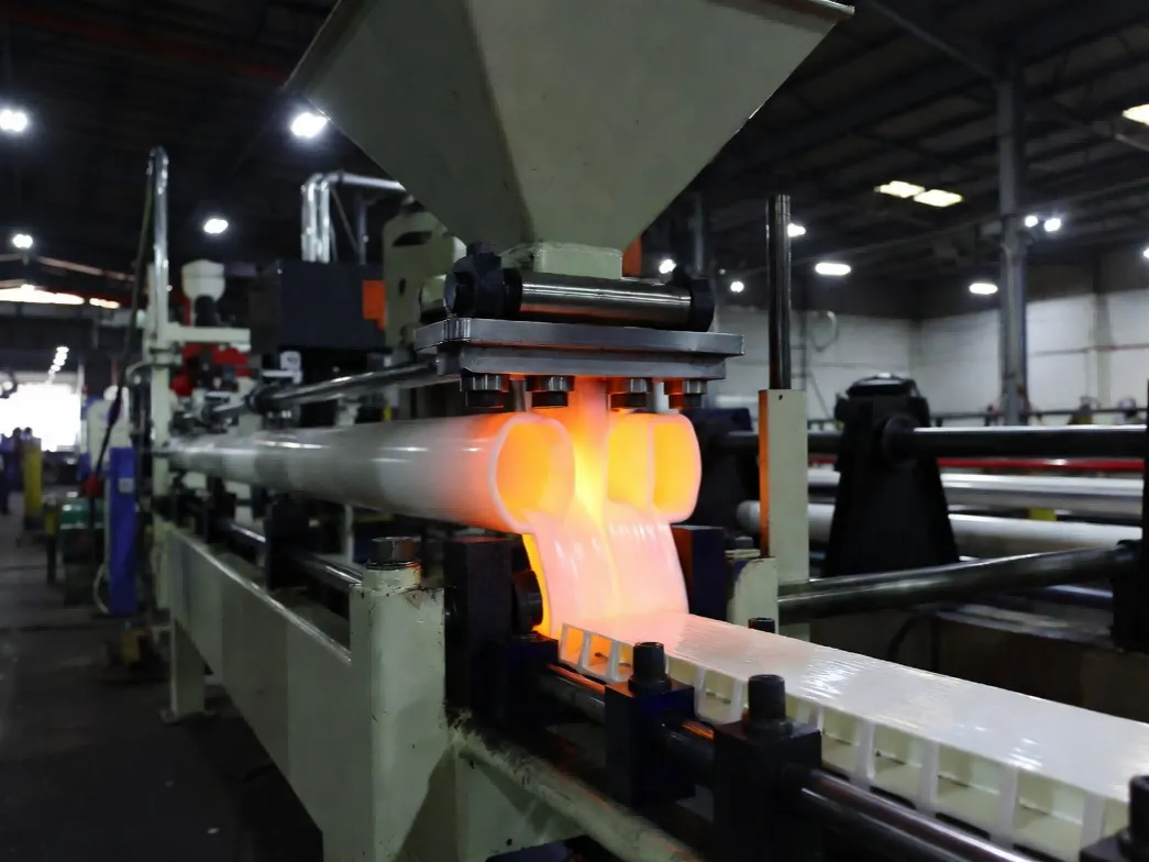 Square PVC tubing extrusion manufacturing process showing precise wall thickness tolerance of ±8% for structural framing and cable protection Square PVC tubing extrusion manufacturing process showing precise wall thickness tolerance of ±8% for structural framing and cable protection