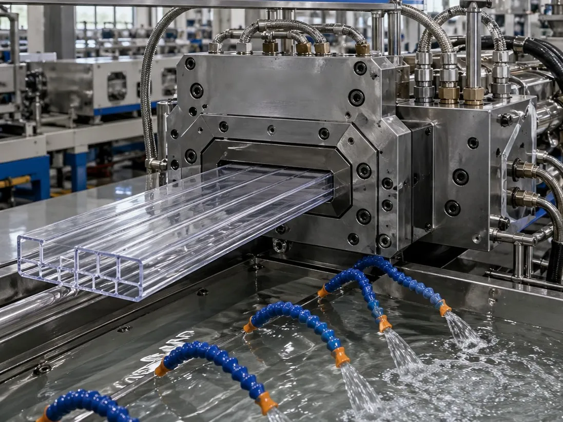Commercial polycarbonate extrusion line at Dachang factory showing precision die and cooling system for high-impact profiles