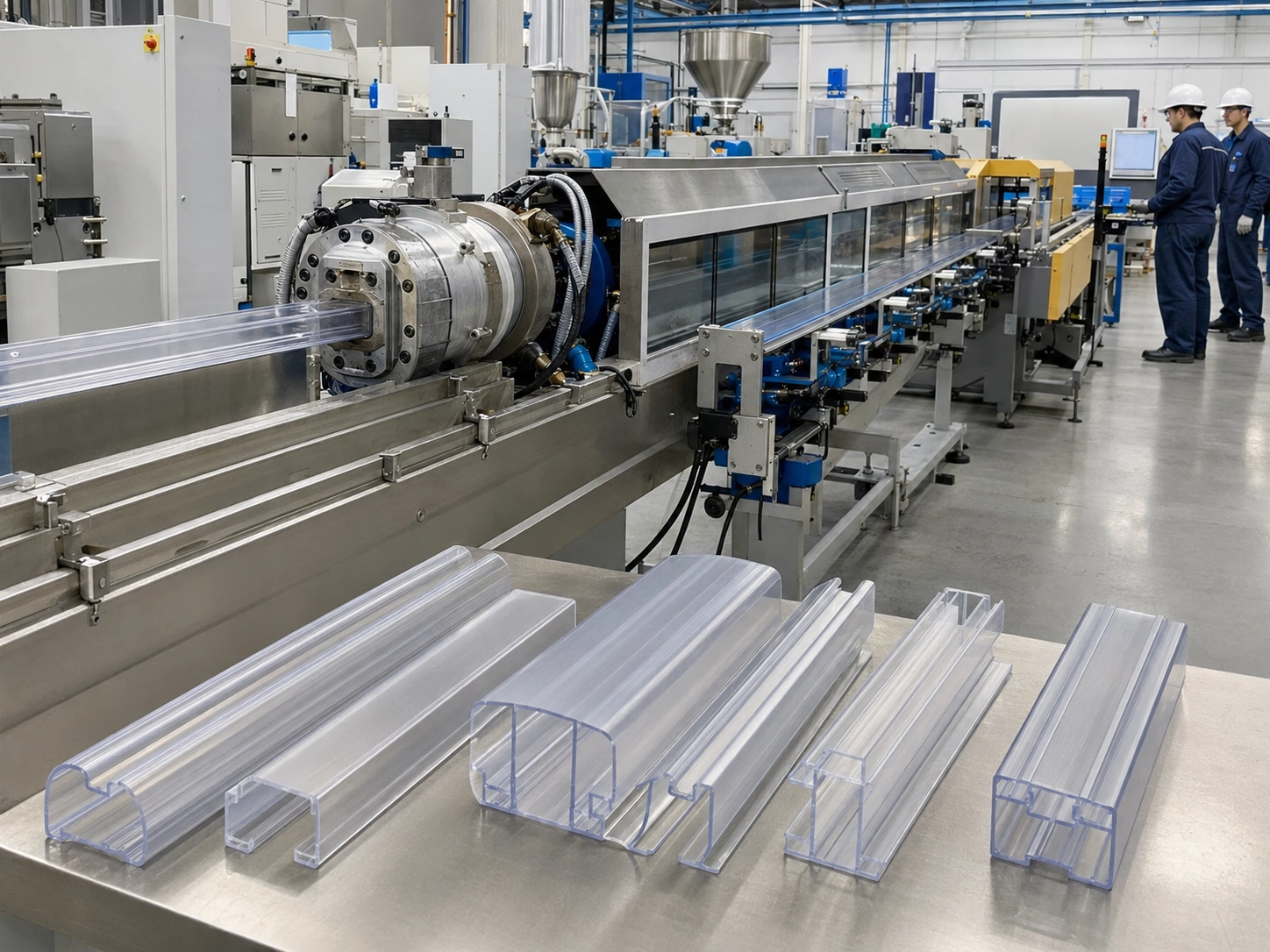 Custom plastic profile extrusion manufacturing equipment producing precise rigid PVC data strips for retail shelf applications Custom plastic profile extrusion manufacturing equipment producing precise rigid PVC data strips for retail shelf applications
