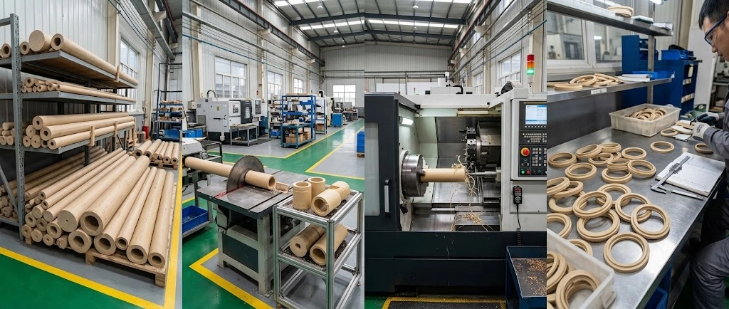 Precision CNC machining and manufacturing route of PEEK polymer seal rings from extruded stock shapes and tubes Precision CNC machining and manufacturing route of PEEK polymer seal rings from extruded stock shapes and tubes
