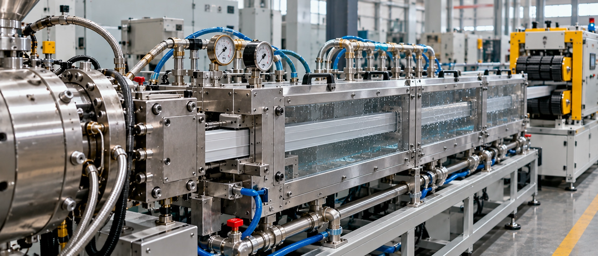 Industrial continuous profile extrusion tooling, calibration die, and downstream cooling setup for rigid thermoplastic profiles Industrial continuous profile extrusion tooling, calibration die, and downstream cooling setup for rigid thermoplastic profiles