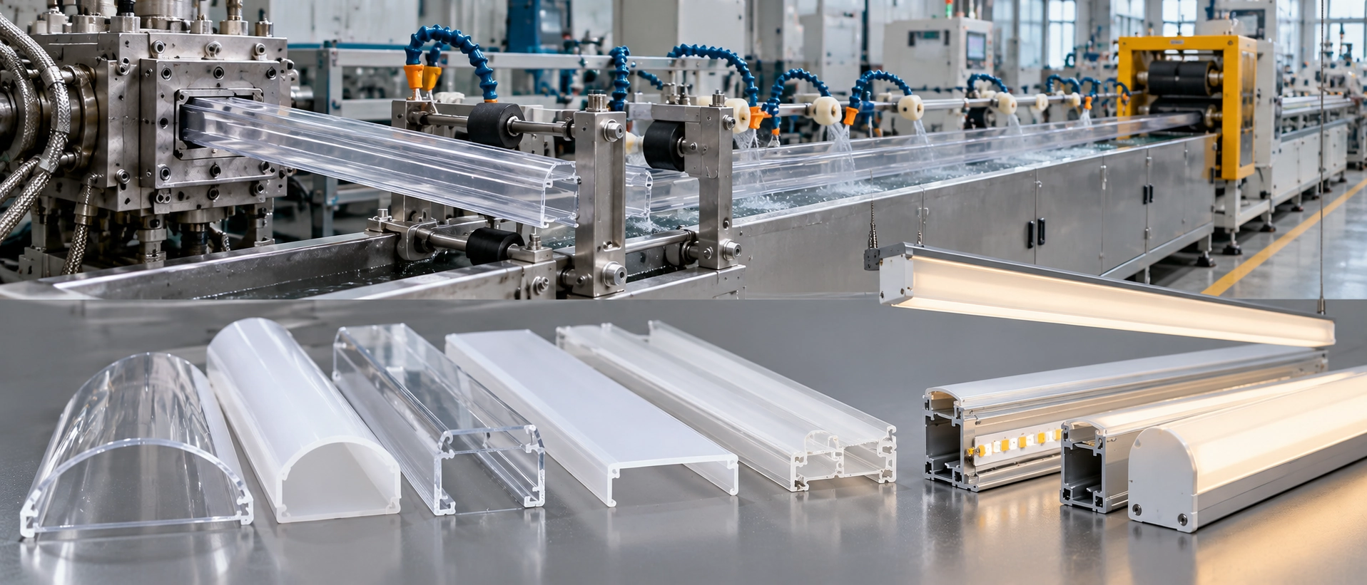 Extruded optical polycarbonate PC and PMMA acrylic lighting covers and light diffuser profiles in luminaire assembly Extruded optical polycarbonate PC and PMMA acrylic lighting covers and light diffuser profiles in luminaire assembly