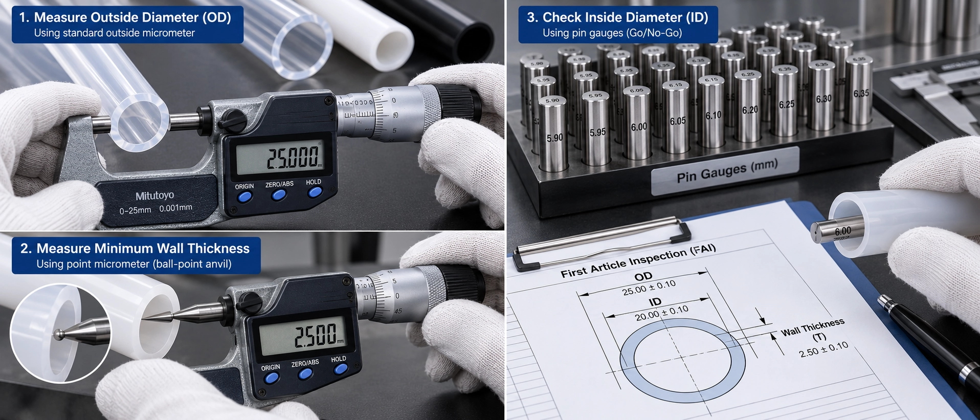 Quality control inspector measuring extruded plastic tubing outside diameter and minimum wall thickness using a precision point micrometer and pin gauges for First Article Inspection FAI Quality control inspector measuring extruded plastic tubing outside diameter and minimum wall thickness using a precision point micrometer and pin gauges for First Article Inspection FAI