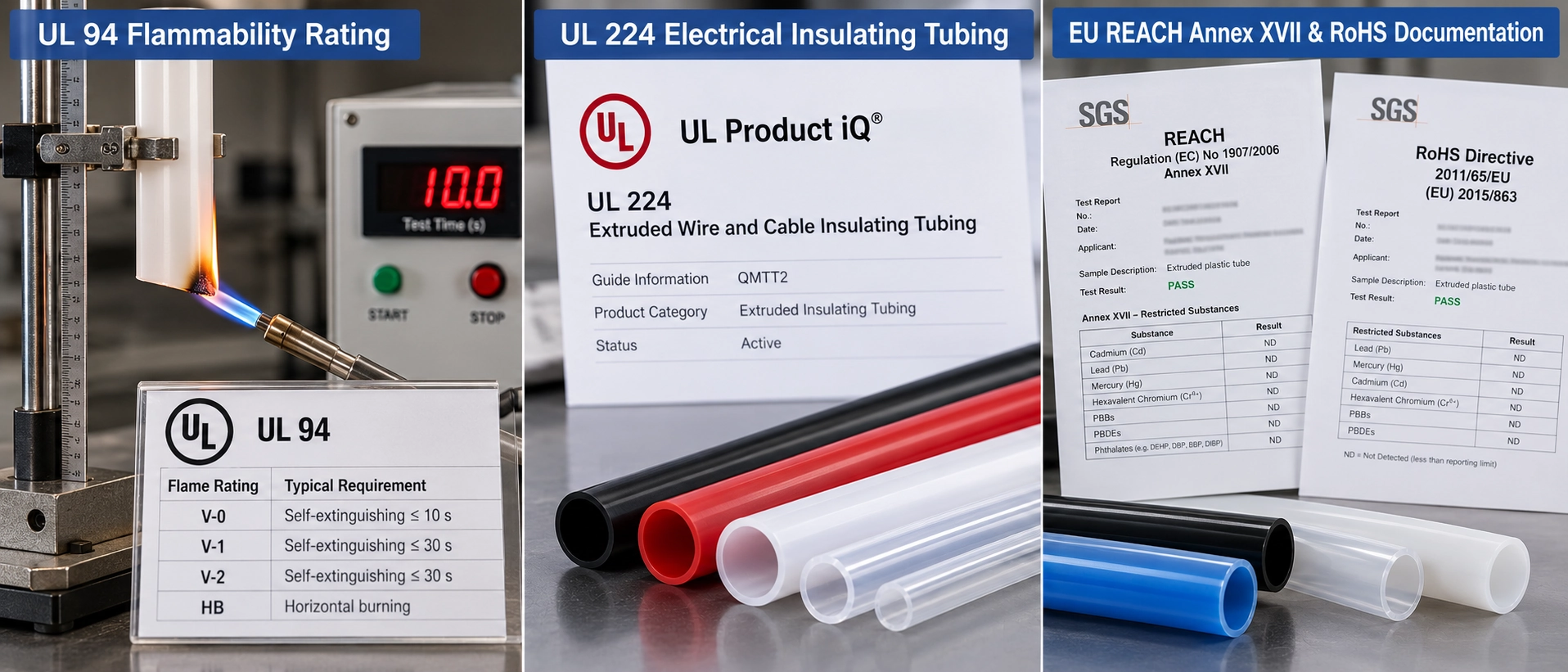 UL 94 flammability rating verification, UL 224 electrical insulating tubing compliance, and EU REACH Annex XVII RoHS documentation for custom extruded plastic tubes UL 94 flammability rating verification, UL 224 electrical insulating tubing compliance, and EU REACH Annex XVII RoHS documentation for custom extruded plastic tubes